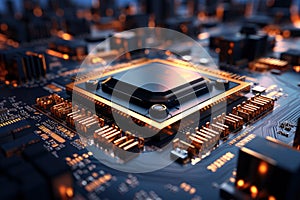 Futuristic future motherboard design with CPU socket, microchips, microprocessors, integrated circuits and connectors for