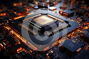 Futuristic future motherboard design with CPU socket, microchips, microprocessors, integrated circuits and connectors for