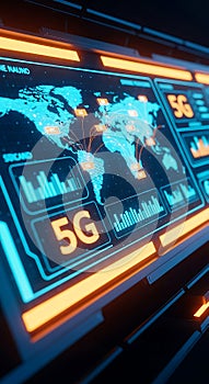 Futuristic 5g technology interface depicting global network connections and data analysis