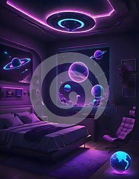 Futuristic Galactic Bedroom With Neon Glow and Space View, Generative AI