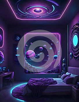 Futuristic galactic themed empty room with circular patterns on the walls and ceiling, Generative AI