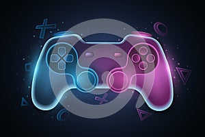 Futuristic game pad for video games. Vector joystick with neon glow for game console. Abstract geometric symbols. Computer games