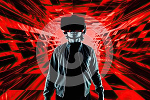 Futuristic game or video, concept. A man in virtual reality glasses on a red background. Generative ai