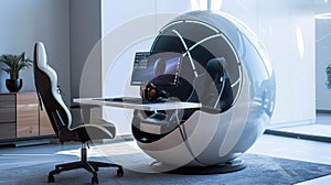 Futuristic gaming chair and workstation setup in modern interior