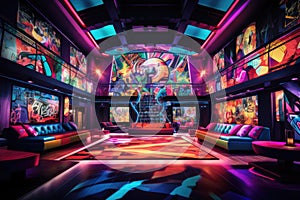 Futuristic gaming room with colorful neon lights, 3d rendering, serene night club, featuring a plush ballroom filled with patrons
