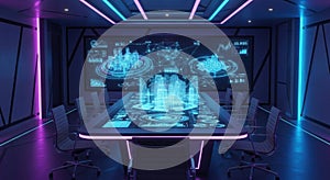 Futuristic gaming room with neon lights and immersive display technology