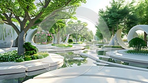 Futuristic Garden Landscape with Trees and Water