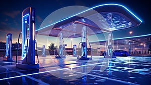 A futuristic gas station illuminated by vibrant blue lights at night