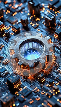 Futuristic gear with digital display on tech circuit board