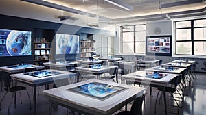 Futuristic Gen Alpha Classroom For Education With Modular Tech Stations. Generative AI