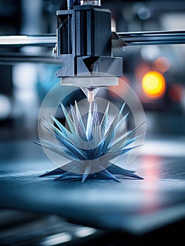 Futuristic Geometric Object Being Printed by Advanced 3D Printer Head in a High-Tech Workspace