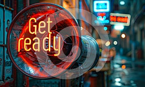 Futuristic Get ready neon sign attached to a megaphone symbolizing preparation and alertness in a vibrant neon-lit cybernetic