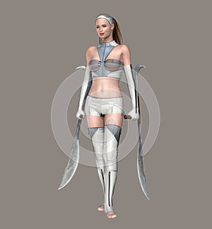 Futuristic Female Warrior Character With Dual Bladed Weapons