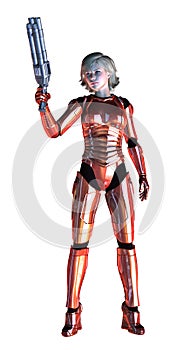 Futuristic girl, armed with heavy weapon, red metallic suit, 3d illustration