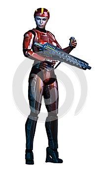 Futuristic girl, armed with heavy weapon, red metallic suit, 3d illustration