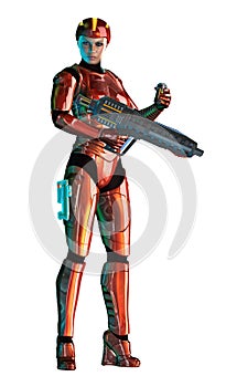 Futuristic girl, armed with heavy weapon, red metallic suit, 3d illustration