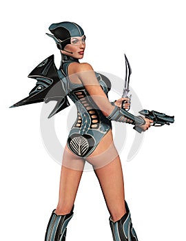 futuristic girl in a armor with gun and sword, 3d rendering