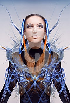Futuristic girl with blue and orange energy flows