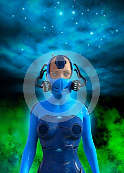 Futuristic girl in Blue suit and gas Mask, 3d illustration, dark background with nebula and stars, space