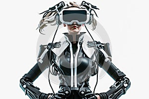 Futuristic girl in a virtual reality helmet. Generative ai