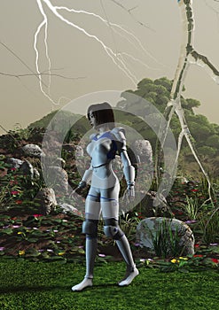 Futuristic girl walking in an alien planet with plants and cristal lightnings, 3d illustration