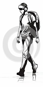Futuristic Glamour: A Black And White Cartoon Man Walking Illustration