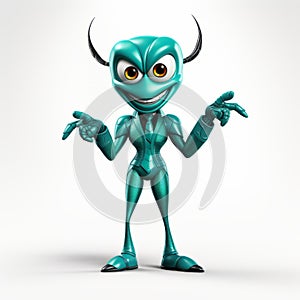 Futuristic Glamour: Green Horned Cartoon Character In Aquamarine