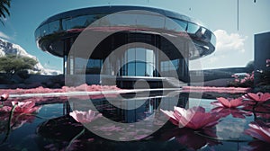 Futuristic Glass Building: Stunning Cinematic Details, Unreal Engine, and Beautiful Lotus Pool