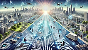 Futuristic Glass Roads with Digital Circuitry Leading to a Smart City photo