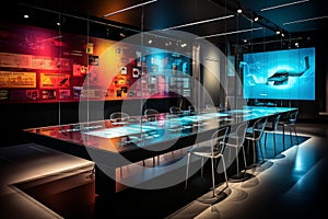 Futuristic Glass-Walled Boardroom: Vibrant Charts, Minimalist Design