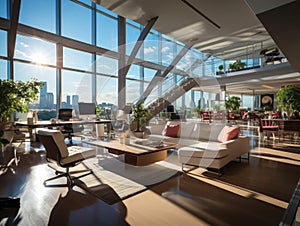 Futuristic glasswalled executive office high above openplan area