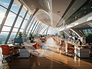Futuristic glasswalled executive office high above openplan area photo