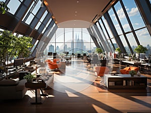 Futuristic glasswalled executive office high above openplan area photo