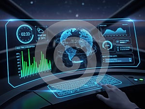 Futuristic global data interface with earth hologram and analytics dashboard for technology