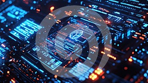 Futuristic global digital interface displaying complex data analysis and information processing