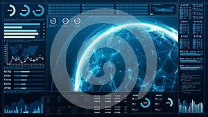 Futuristic Global Network Data Interface Concept, Blue digital interface showcasing global connectivity and data analytics with