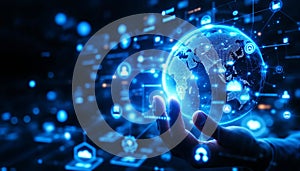 Futuristic Global Network with Digital Earth Hologram and Data Visualization