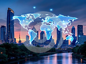 Futuristic Global Network Over Modern Cityscape