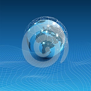 Futuristic Global Technology, Networking and Cloud Computing Design Concept with Earth Globe and 3D Wavy Mesh Pattern