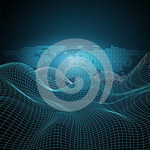 Futuristic Global Technology, Networking and Cloud Computing Design Concept with Earth Globe and 3D Wavy Mesh Pattern