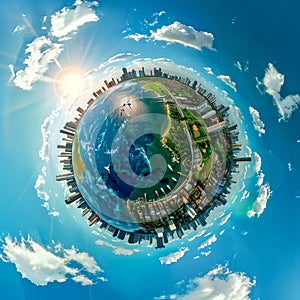 Futuristic Globe Concept Art with Urban Skyline Encompassing Nature and Technology. A Creative Take on Eco Cities