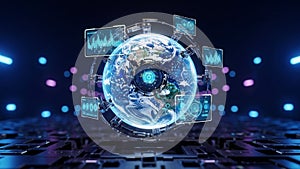 Futuristic Globe with Data Screens Technology Concept