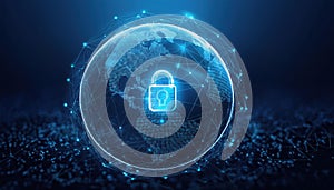 futuristic globe with interconnected nodes and glowing pathways, featuring lock icon, symbolizes global security and connectivity
