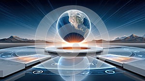 Futuristic Globe Interface in a High-Tech Environment with Abstract Design Elements