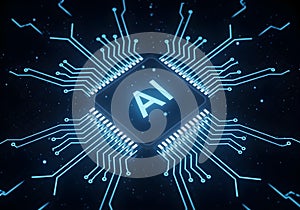 Futuristic glowing AI microchip with luminous circuits and binary code streams, symbolizing AI AGI ASI artificial intelligence