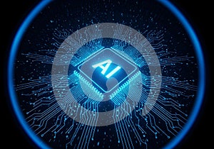 Futuristic glowing AI microchip with luminous circuits and binary code streams, symbolizing AI AGI ASI artificial intelligence