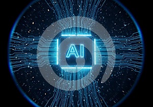 Futuristic glowing AI microchip with luminous circuits and binary code streams, symbolizing AI AGI ASI artificial intelligence
