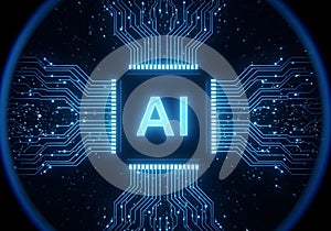 Futuristic glowing AI microchip with luminous circuits and binary code streams, symbolizing AI AGI ASI artificial intelligence