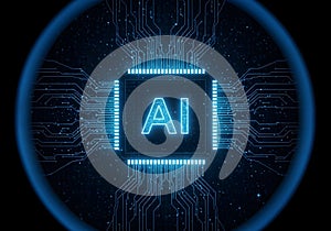 Futuristic glowing AI microchip with luminous circuits and binary code streams, symbolizing AI AGI ASI artificial intelligence
