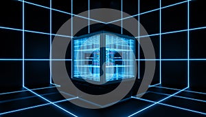 Futuristic Glowing Blue Cube Structure Inside A Digital Grid Room Concept